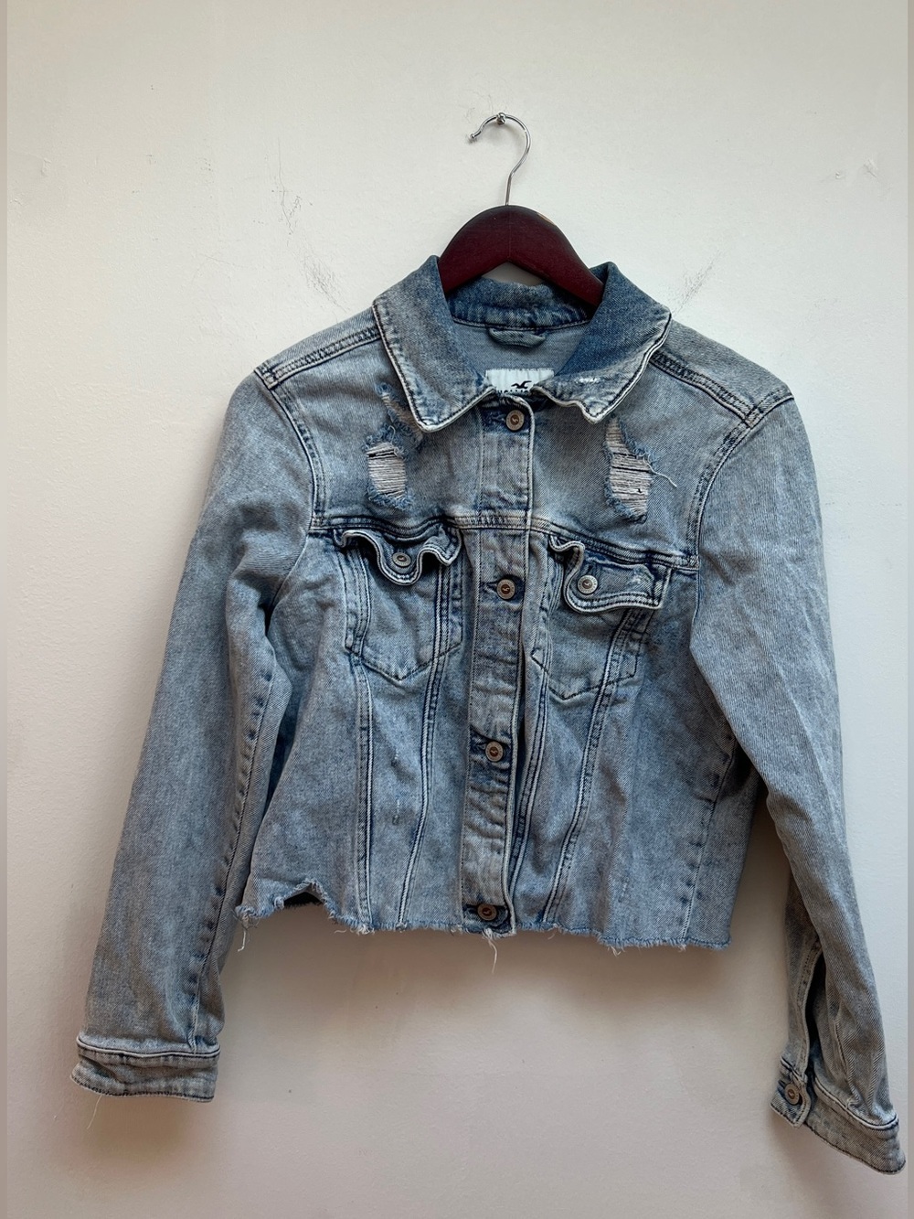 HOLLISTER Women’s Light Wash Distressed Denim Jacket Size L